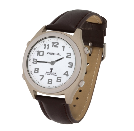 Sprechende Funkarmbanduhr analog mit weißem Ziffernblatt mit Lederarmband