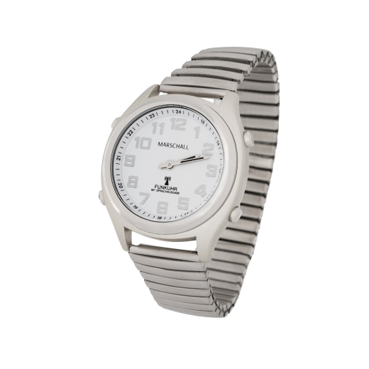 Sprechende Funkarmbanduhr analog mit weißem Ziffernblatt mit Metallzugband
