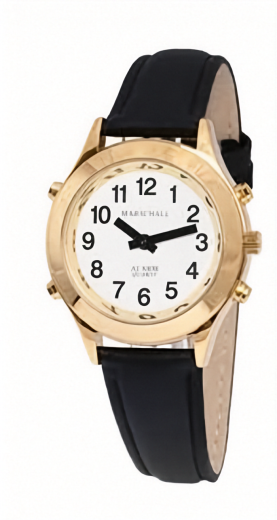 Sprechende Armbanduhr mit kompletter Ansage des Datums und Weckfunktion goldfarben mit Lederarmband