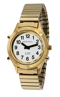 Sprechende Armbanduhr mit kompletter Ansage des Datums und Weckfunktion gold Metallzugband