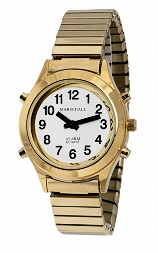 Sprechende Armbanduhr mit kompletter Ansage des Datums und Weckfunktion goldfarben mit Metallzugband