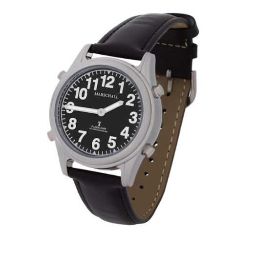 Sprechende Herren Funkarmbanduhr Black Style mit Lederarmband